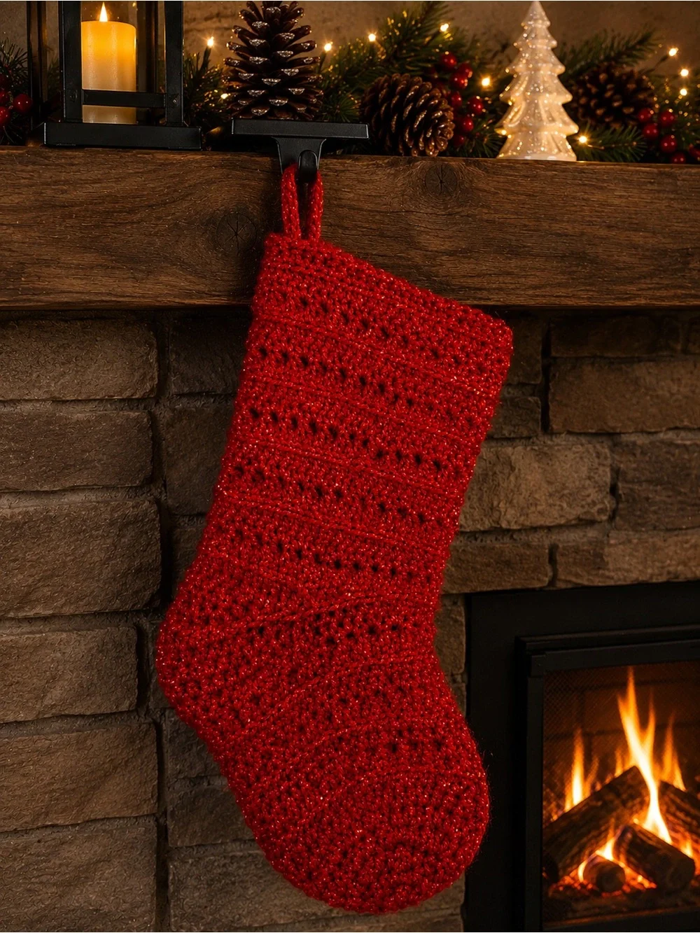 Handmade Red Tinsel Crochet Christmas Stocking Sparkly Holiday Mantel Decor